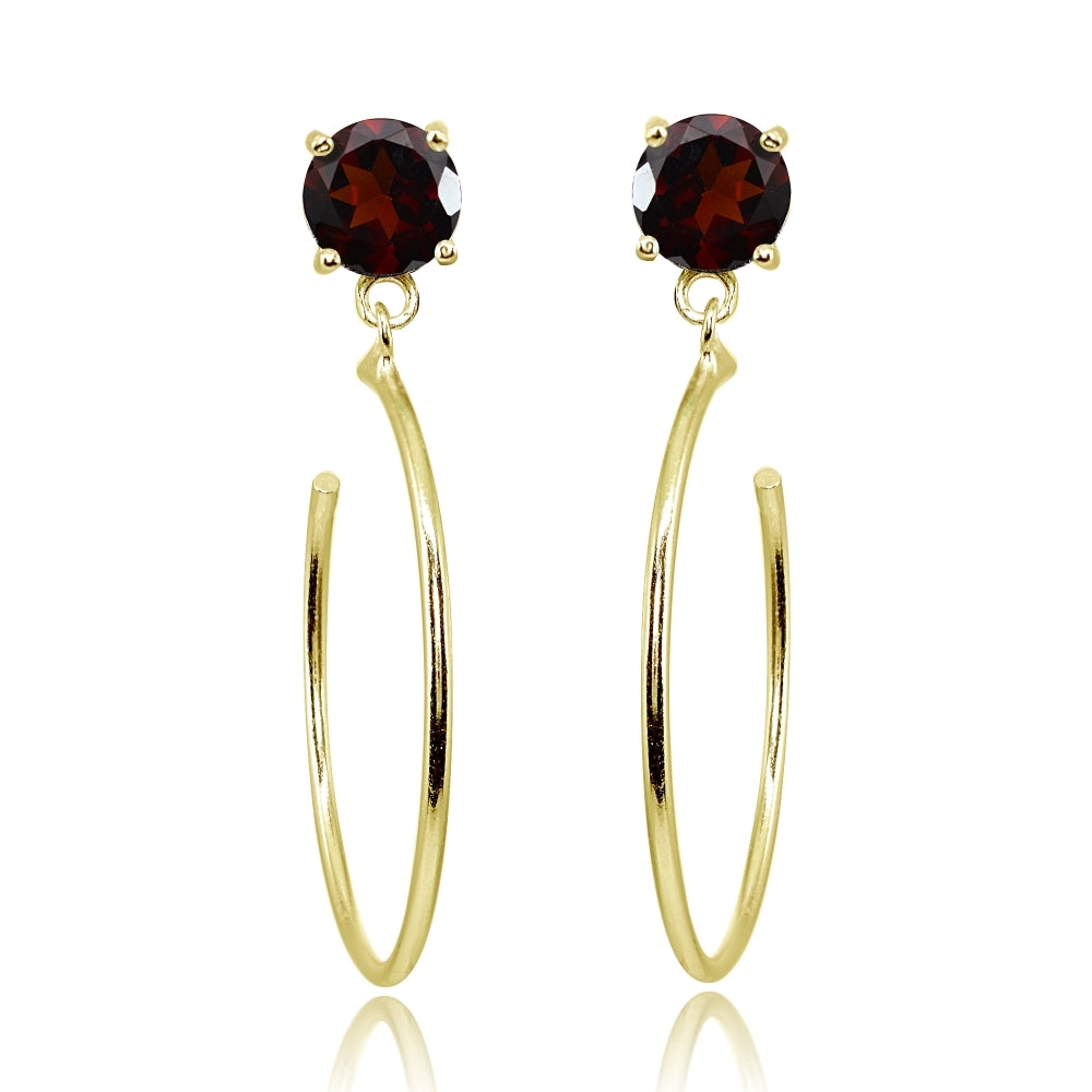 Yellow Gold Flashed Sterling Silver 6mm Garnet Dangling Half Hoop Stud Earrings