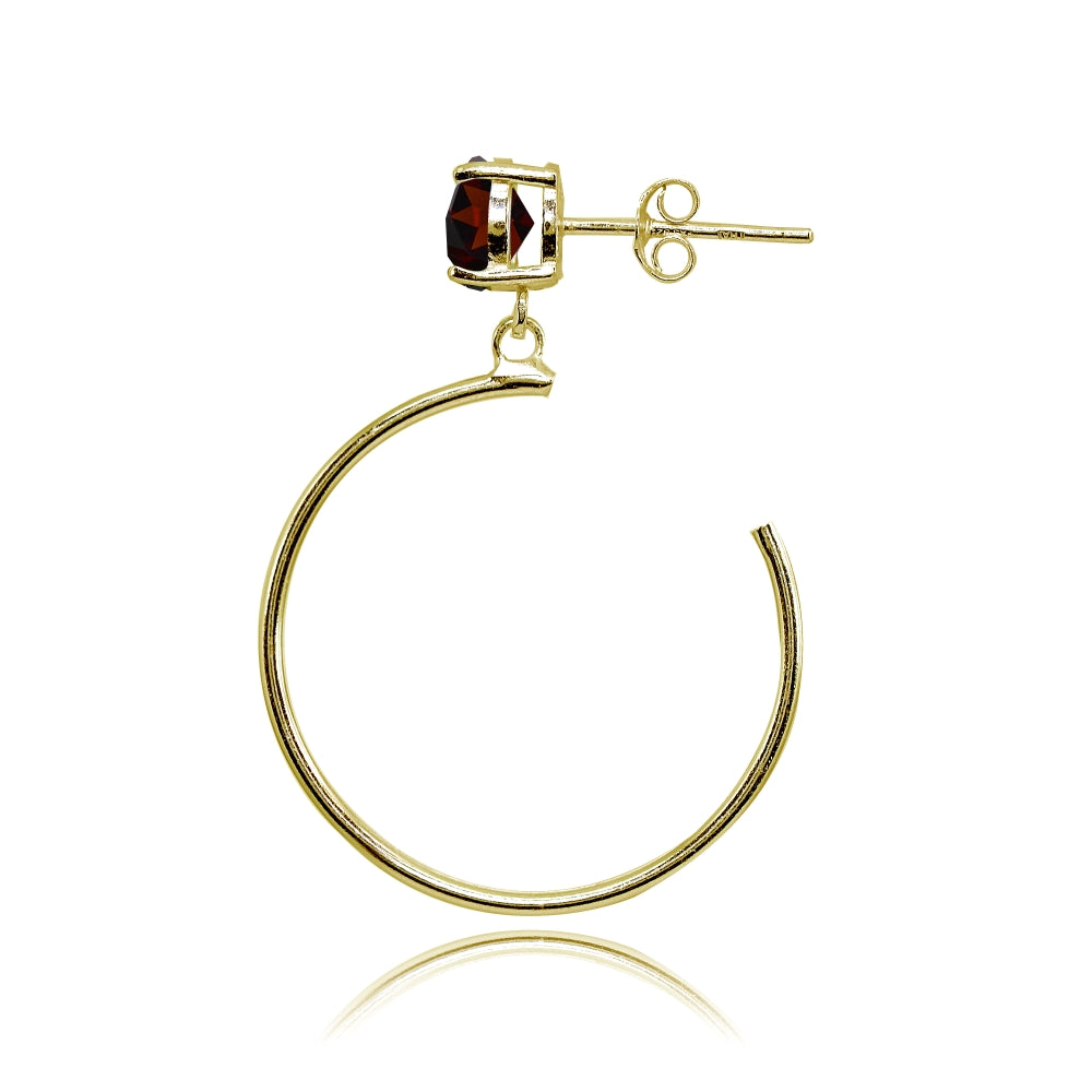 Yellow Gold Flashed Sterling Silver 6mm Garnet Dangling Half Hoop Stud Earrings-2