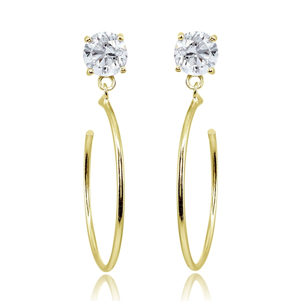 Yellow Gold Flashed Sterling Silver 6mm Cubic Zirconia Dangling Half Hoop Stud Earrings