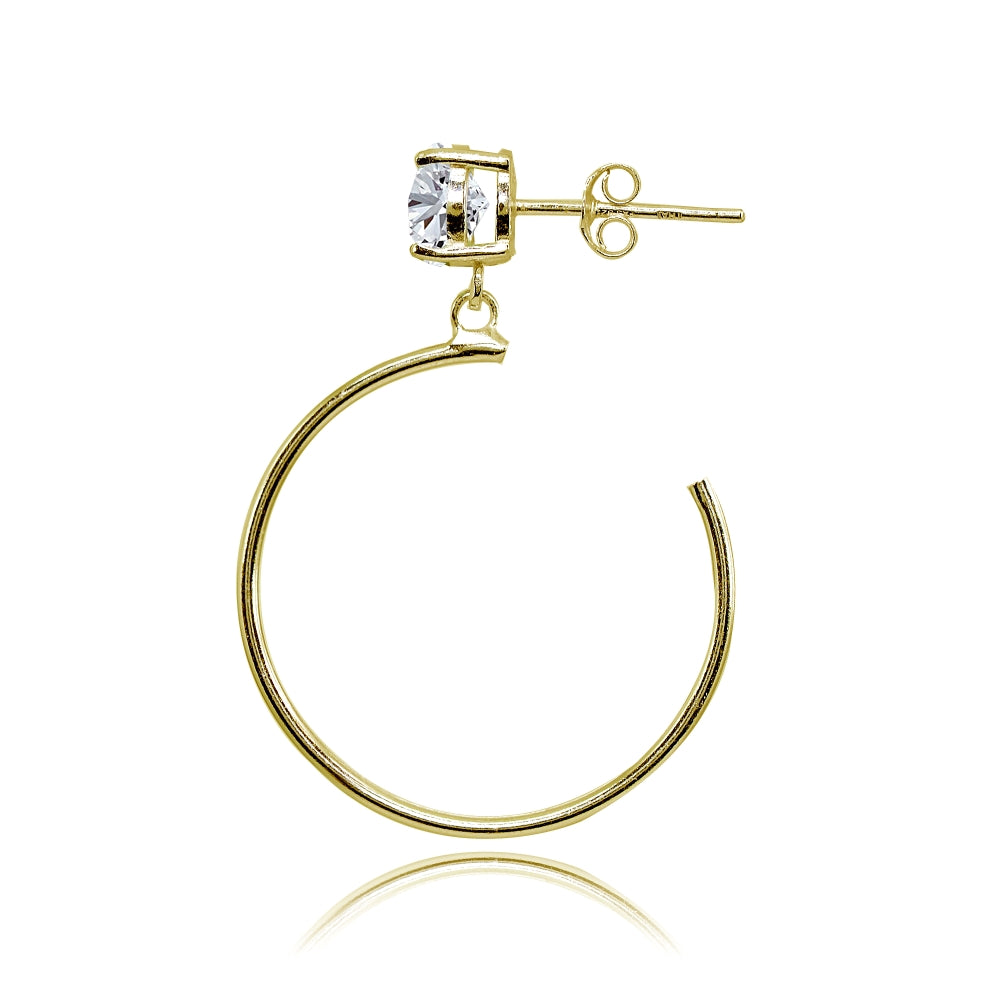 Yellow Gold Flashed Sterling Silver 6mm Cubic Zirconia Dangling Half Hoop Stud Earrings-2