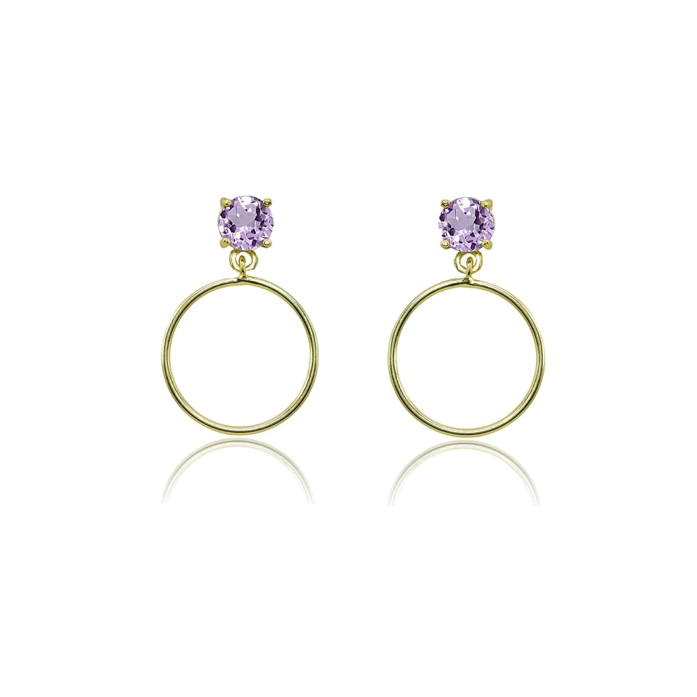 Yellow Gold Flashed Sterling Silver 4mm Amethyst Dangling Round Hoop Stud Earrings