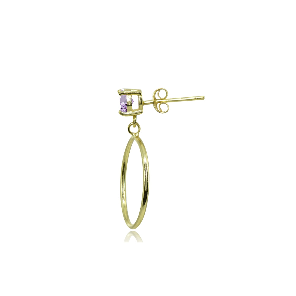 Yellow Gold Flashed Sterling Silver 4mm Amethyst Dangling Round Hoop Stud Earrings-2