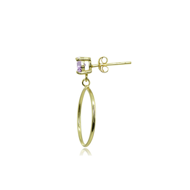 Yellow Gold Flashed Sterling Silver 4mm Amethyst Dangling Round Hoop Stud Earrings