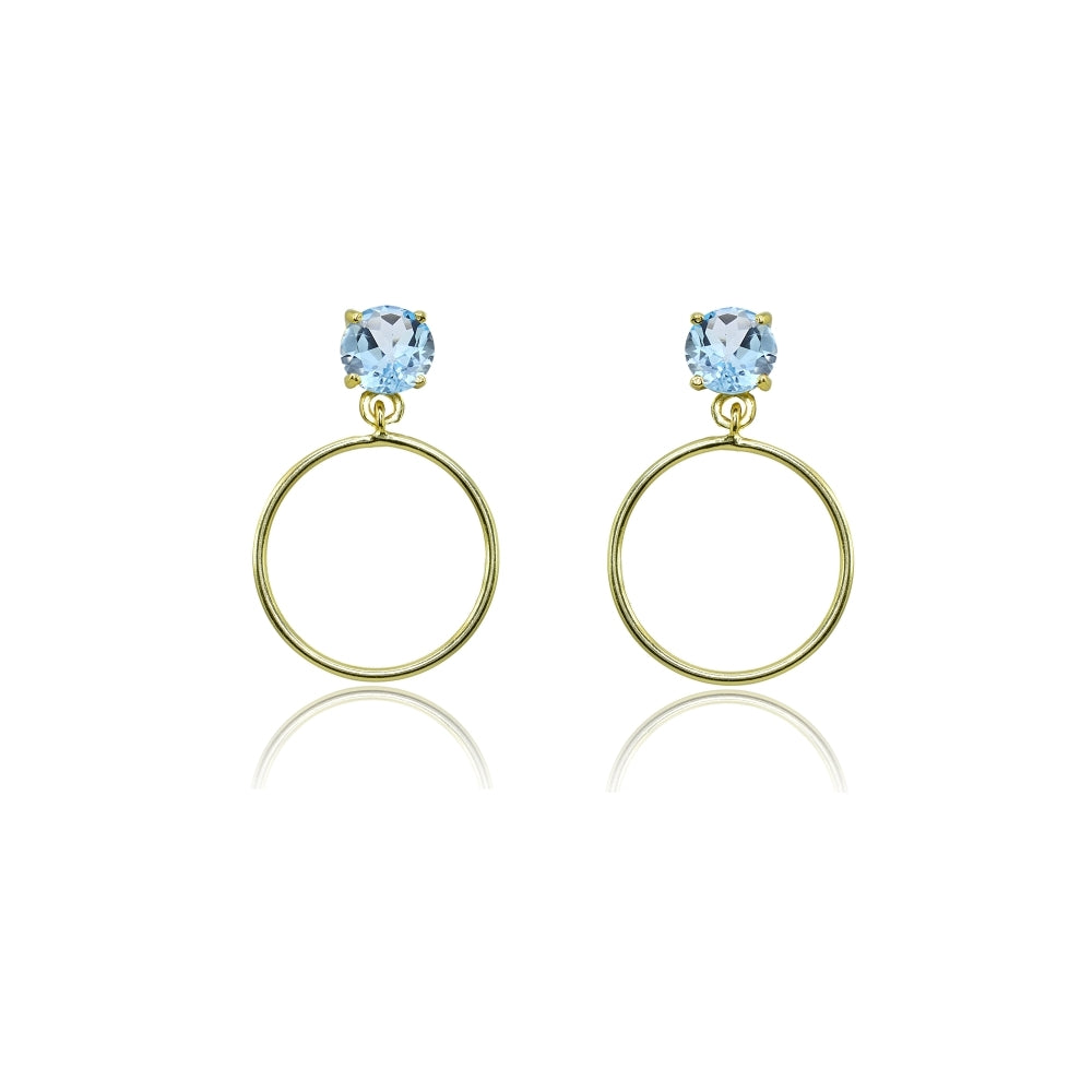 Yellow Gold Flashed Sterling Silver 4mm Blue Topaz Dangling Round Hoop Stud Earrings