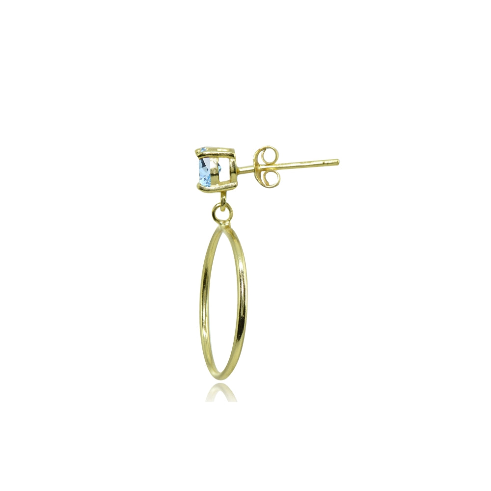 Yellow Gold Flashed Sterling Silver 4mm Blue Topaz Dangling Round Hoop Stud Earrings-2