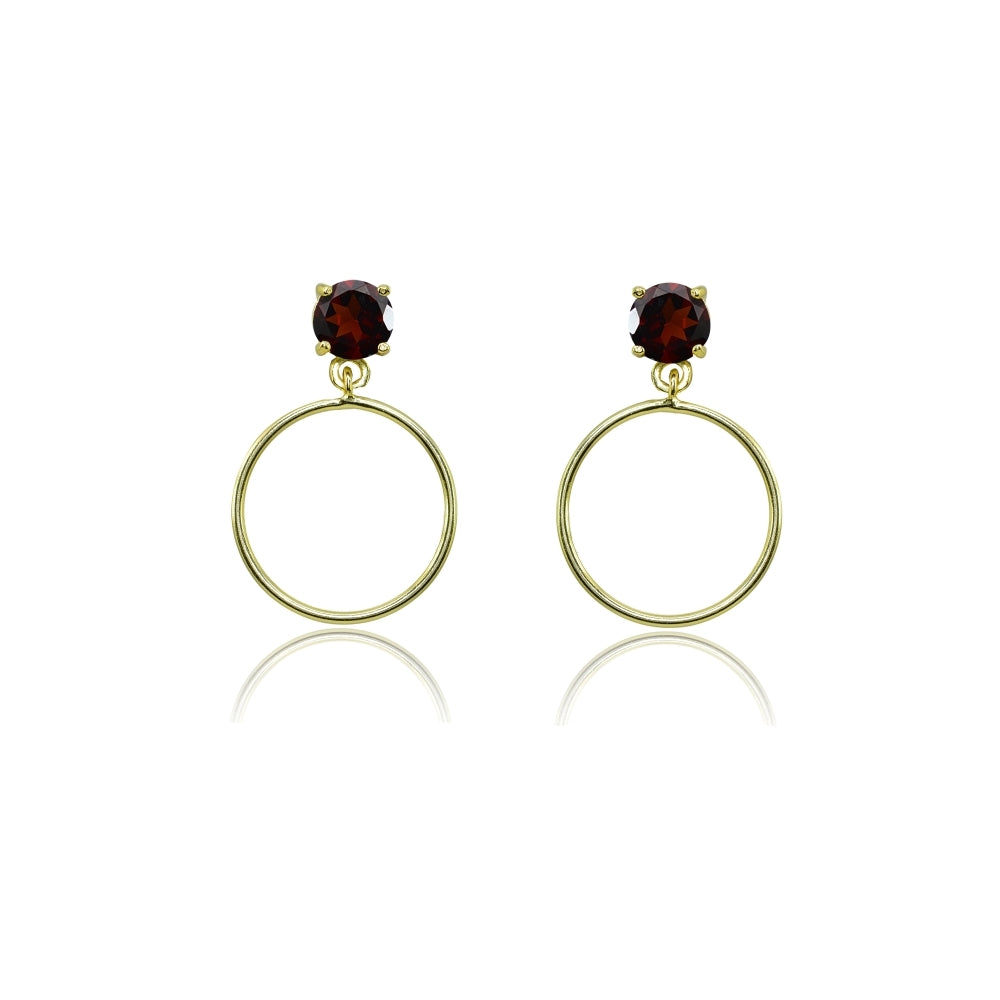 Yellow Gold Flashed Sterling Silver 4mm Garnet Dangling Round Hoop Stud Earrings