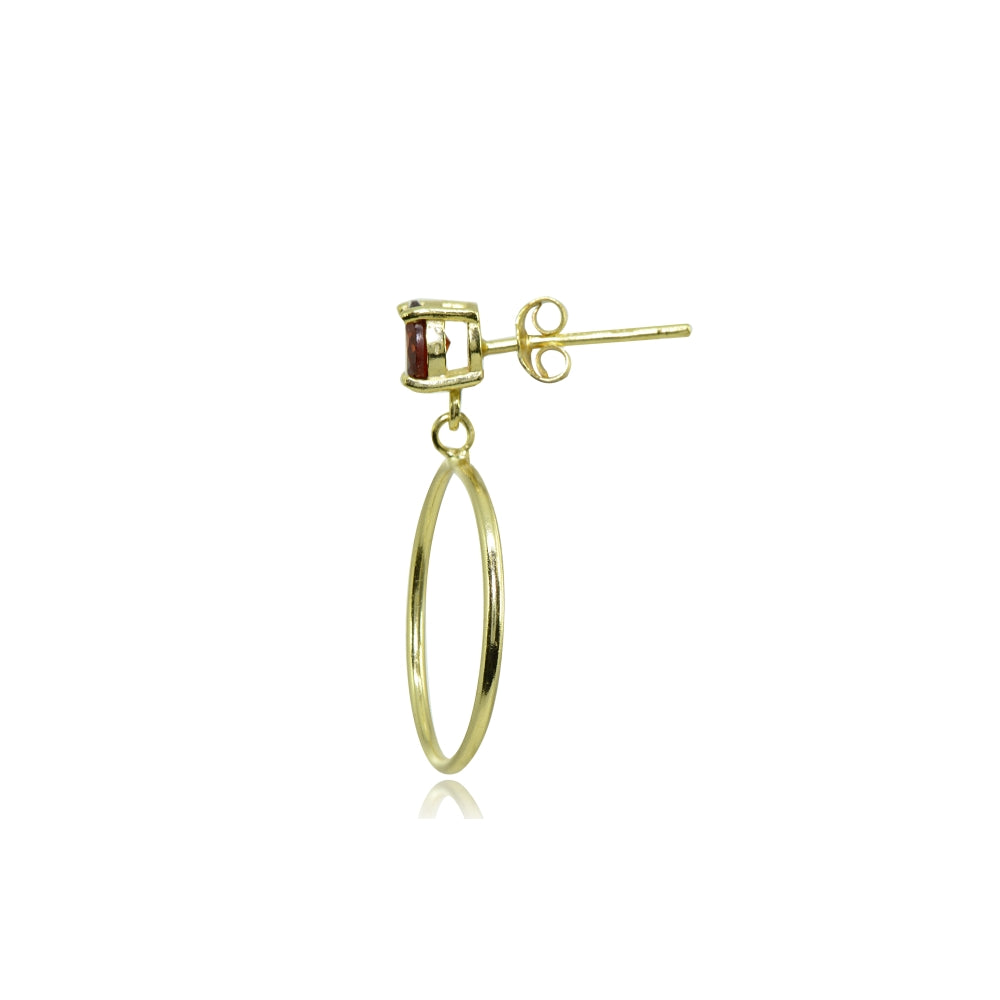 Yellow Gold Flashed Sterling Silver 4mm Garnet Dangling Round Hoop Stud Earrings-2