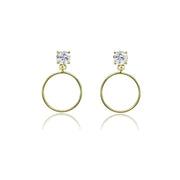 Yellow Gold Flashed Sterling Silver 4mm Cubic Zirconia Dangling Round Hoop Stud Earrings