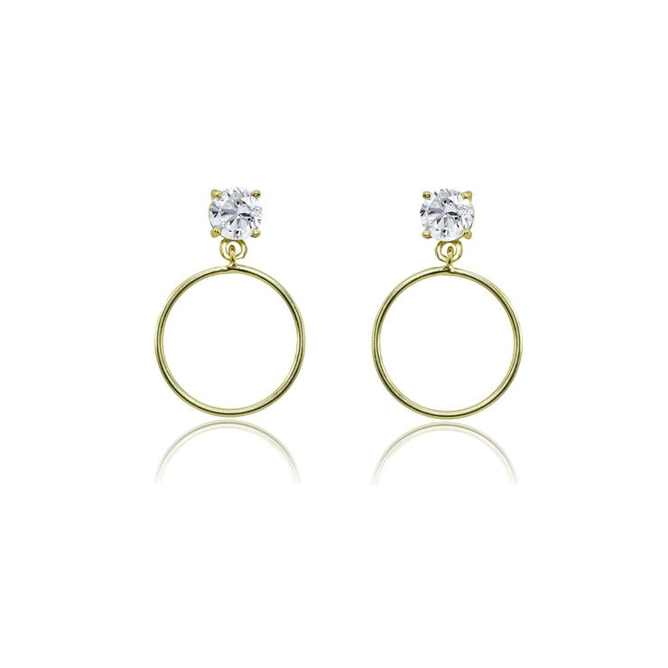 Yellow Gold Flashed Sterling Silver 4mm Cubic Zirconia Dangling Round Hoop Stud Earrings