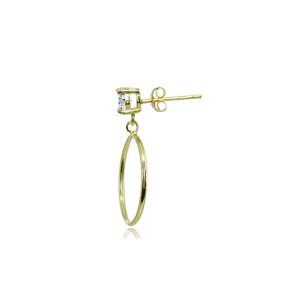 Yellow Gold Flashed Sterling Silver 4mm Cubic Zirconia Dangling Round Hoop Stud Earrings-2