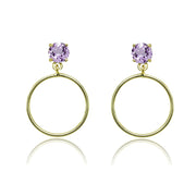 Yellow Gold Flashed Sterling Silver 5mm Amethyst Dangling Round Hoop Stud Earrings