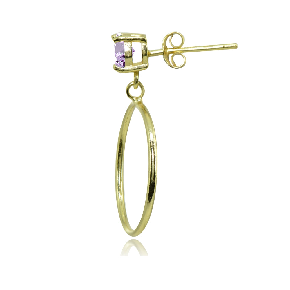 Yellow Gold Flashed Sterling Silver 5mm Amethyst Dangling Round Hoop Stud Earrings-2