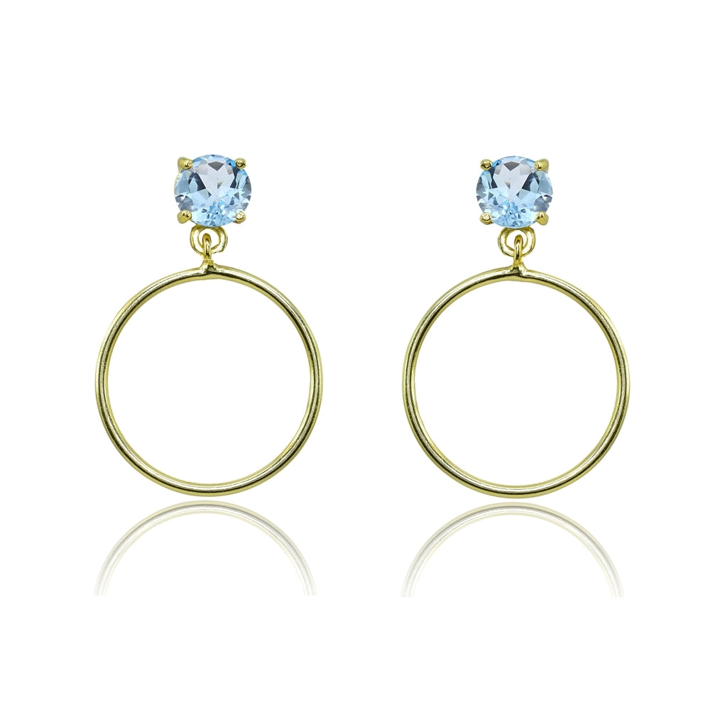 Yellow Gold Flashed Sterling Silver 5mm Blue Topaz Dangling Round Hoop Stud Earrings