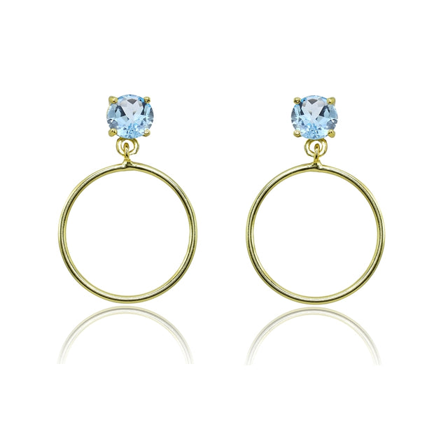 Yellow Gold Flashed Sterling Silver 5mm Blue Topaz Dangling Round Hoop Stud Earrings