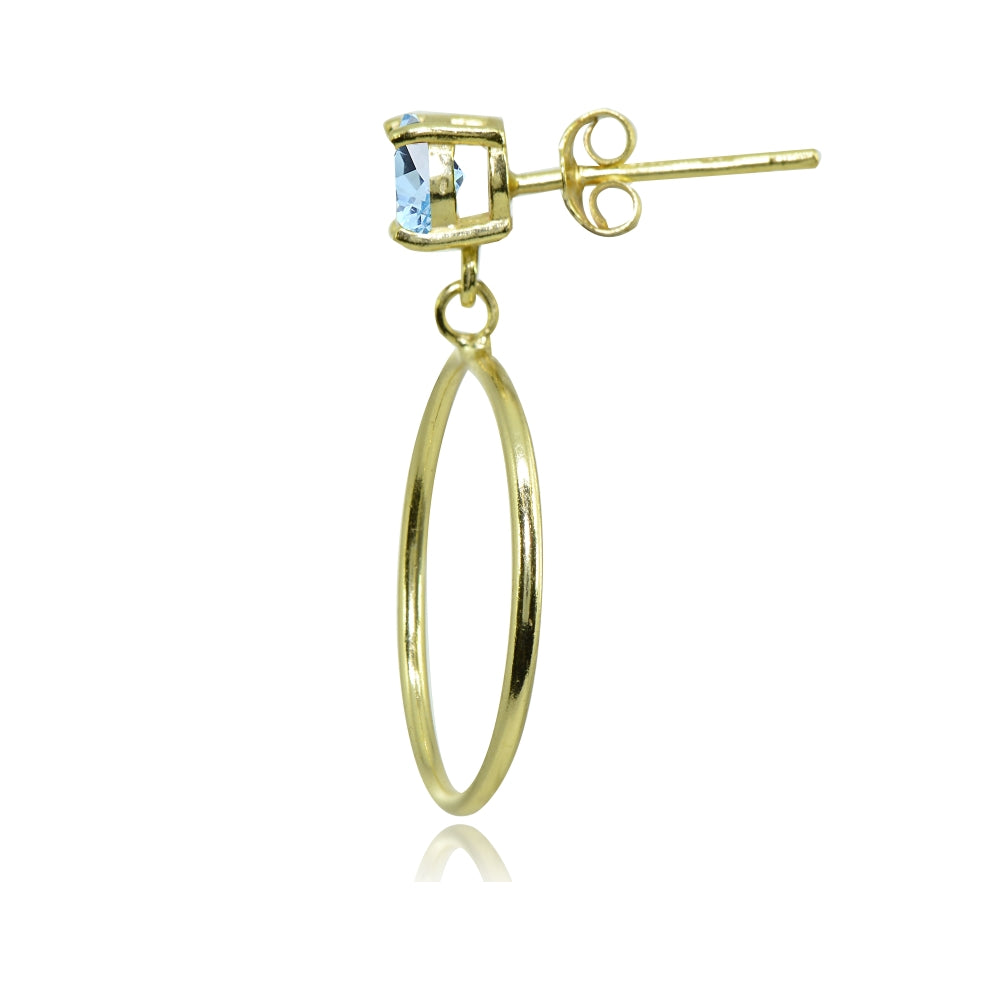 Yellow Gold Flashed Sterling Silver 5mm Blue Topaz Dangling Round Hoop Stud Earrings-2