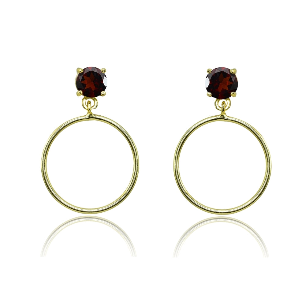 Yellow Gold Flashed Sterling Silver 5mm Garnet Dangling Round Hoop Stud Earrings