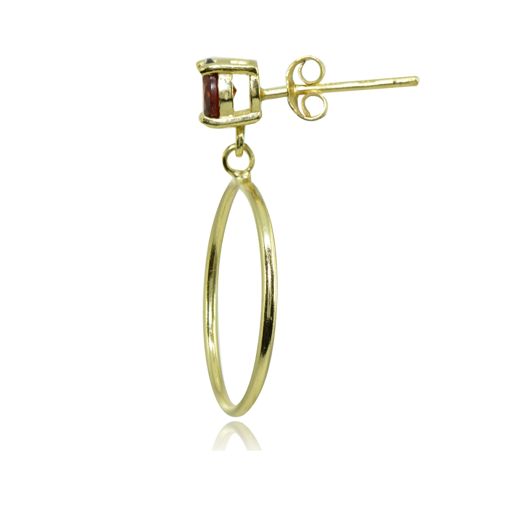 Yellow Gold Flashed Sterling Silver 5mm Garnet Dangling Round Hoop Stud Earrings-2
