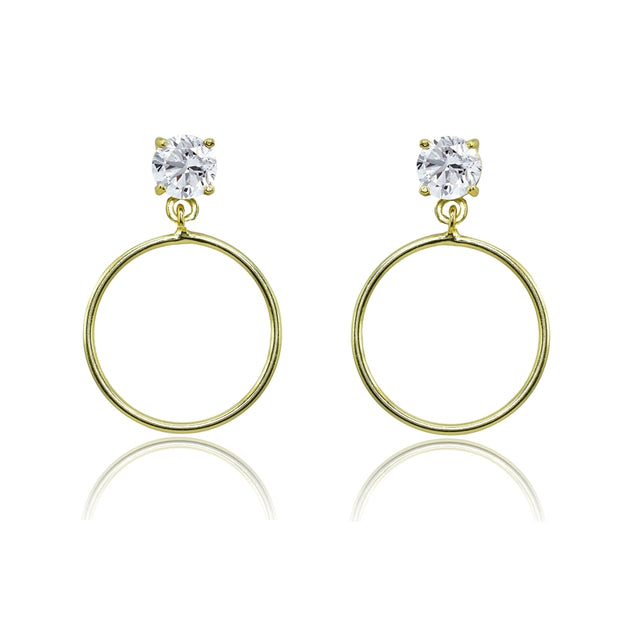 Yellow Gold Flashed Sterling Silver 5mm Cubic Zirconia Dangling Round Hoop Stud Earrings