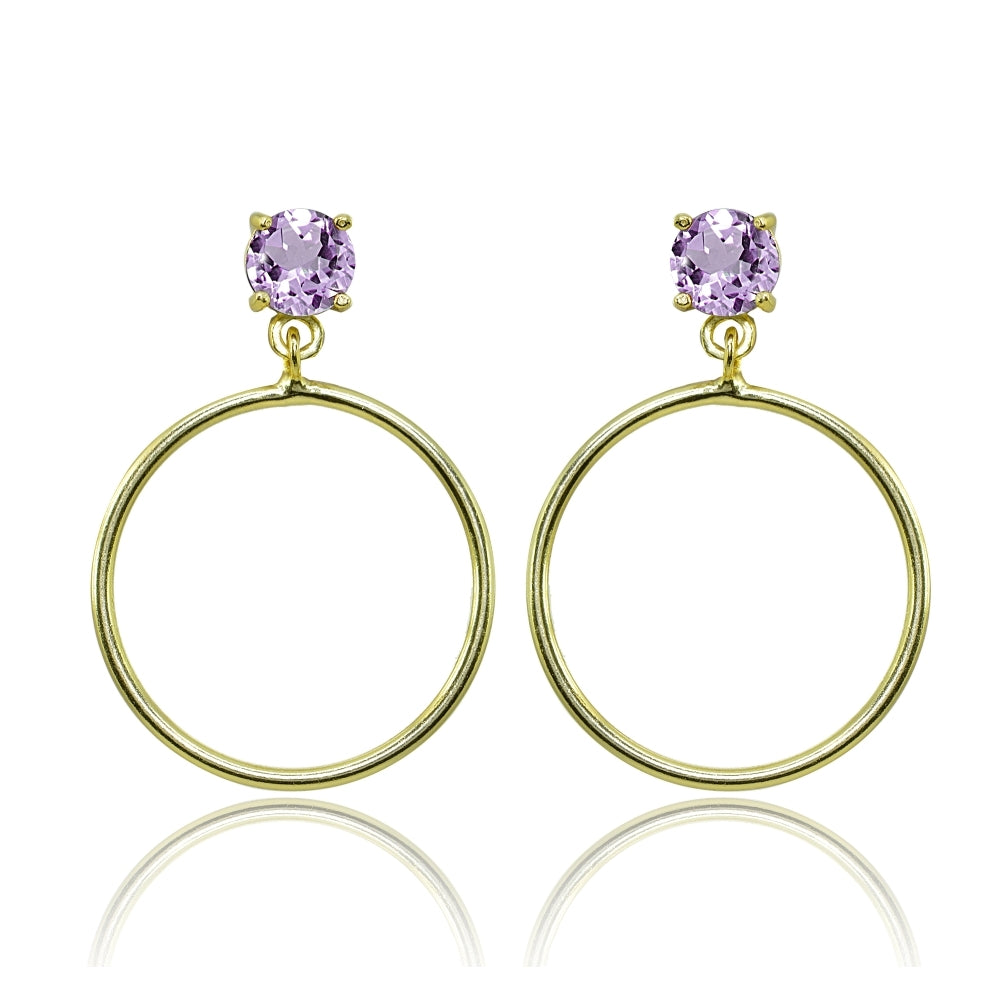 Yellow Gold Flashed Sterling Silver 6mm Amethyst Dangling Round Hoop Stud Earrings