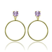 Yellow Gold Flashed Sterling Silver 6mm Amethyst Dangling Round Hoop Stud Earrings