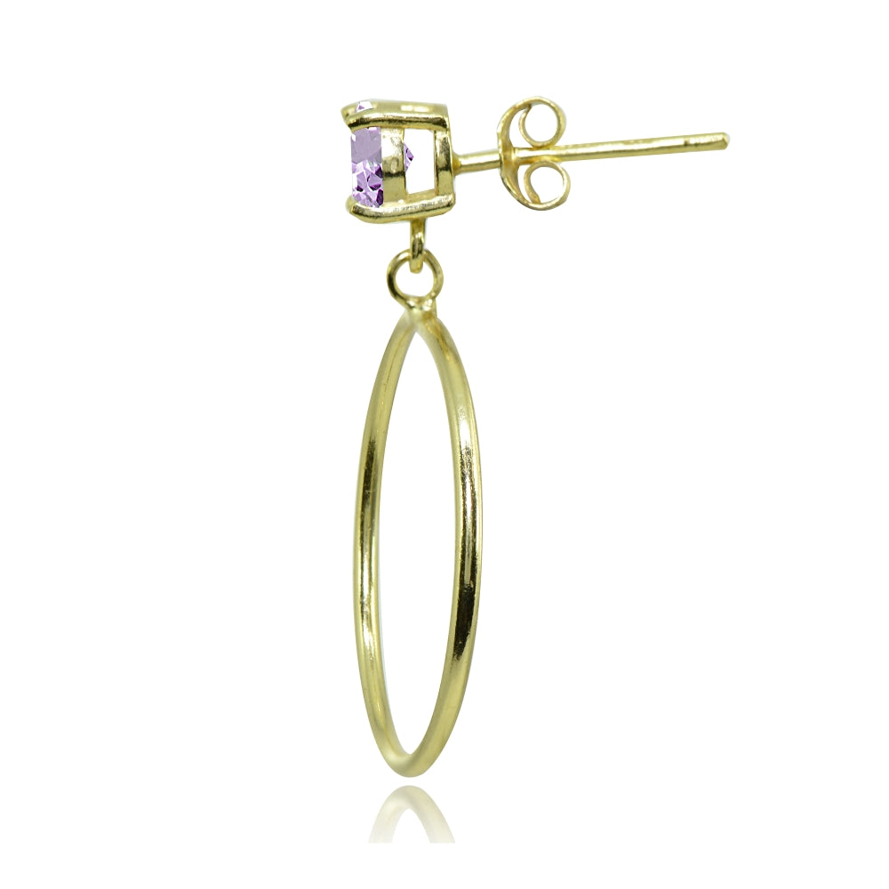 Yellow Gold Flashed Sterling Silver 6mm Amethyst Dangling Round Hoop Stud Earrings-2