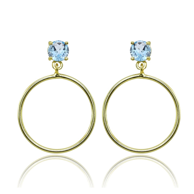 Yellow Gold Flashed Sterling Silver 6mm Blue Topaz Dangling Round Hoop Stud Earrings