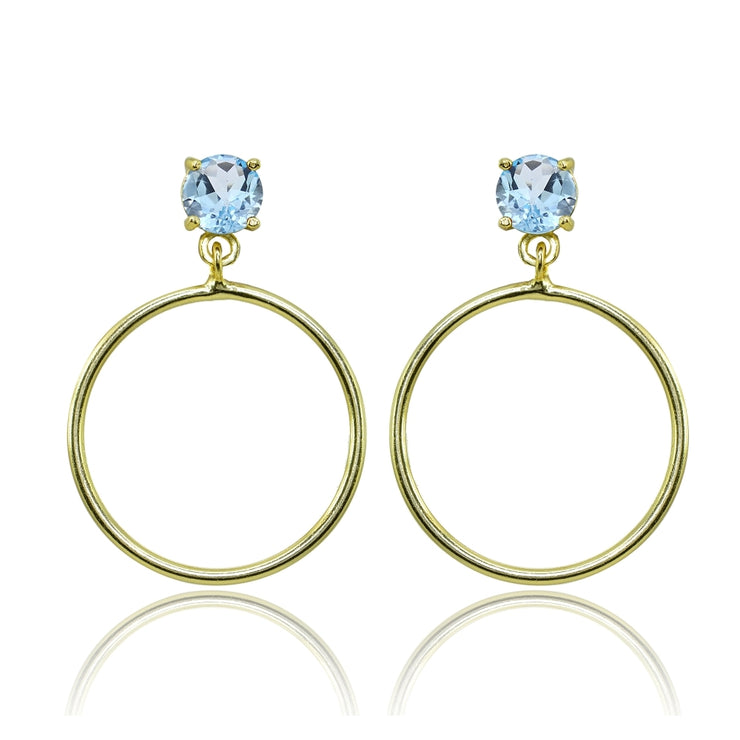 Yellow Gold Flashed Sterling Silver 6mm Blue Topaz Dangling Round Hoop Stud Earrings