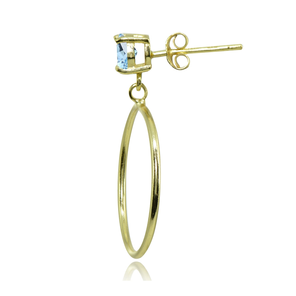 Yellow Gold Flashed Sterling Silver 6mm Blue Topaz Dangling Round Hoop Stud Earrings-2