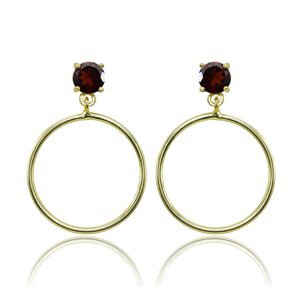 Yellow Gold Flashed Sterling Silver 6mm Garnet Dangling Round Hoop Stud Earrings