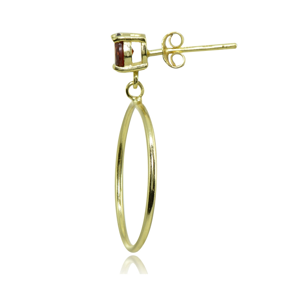 Yellow Gold Flashed Sterling Silver 6mm Garnet Dangling Round Hoop Stud Earrings-2