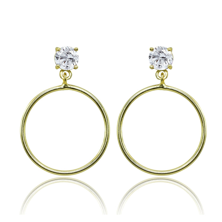 Yellow Gold Flashed Sterling Silver 6mm Cubic Zirconia Dangling Round Hoop Stud Earrings