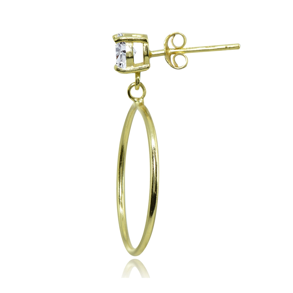 Yellow Gold Flashed Sterling Silver 6mm Cubic Zirconia Dangling Round Hoop Stud Earrings-2