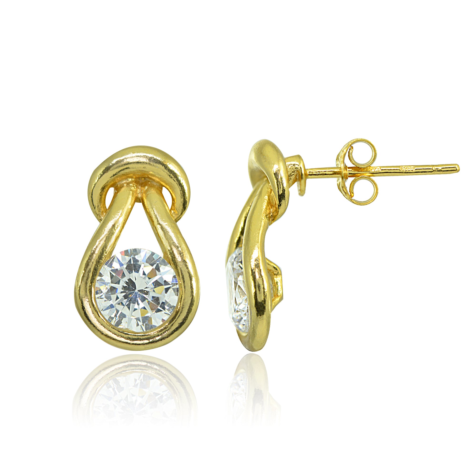 Yellow Gold Flashed Sterling Silver Cubic Zirconia Round Polished Knot Stud Earrings