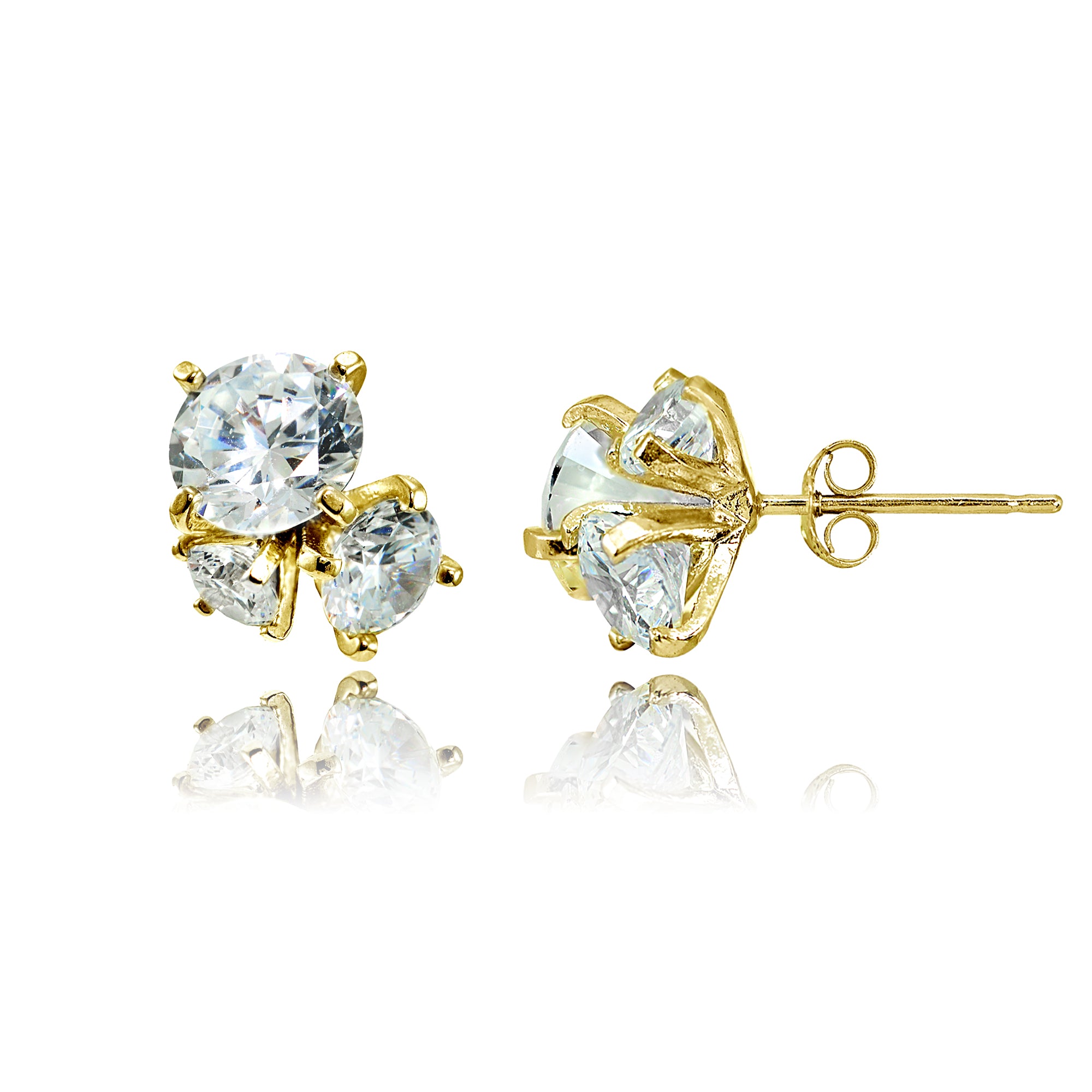 Yellow Gold Flashed Sterling Silver Cubic Zirconia Round Cluster Graduated Three Stone Stud Earrings
