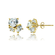 Yellow Gold Flashed Sterling Silver Cubic Zirconia Round Cluster Graduated Three Stone Stud Earrings