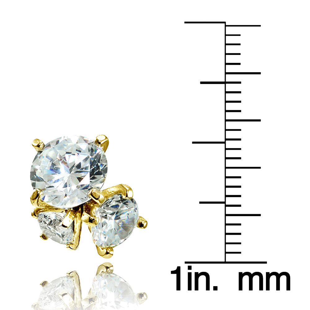 Yellow Gold Flashed Sterling Silver Cubic Zirconia Round Cluster Graduated Three Stone Stud Earrings-3
