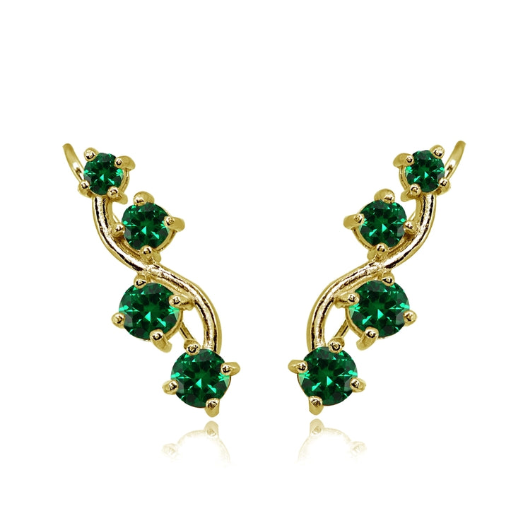 Gold Flash Sterling Silver Simulated Emerald Vine Climber Crawler Earrings
