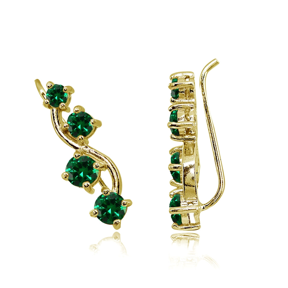 Gold Flash Sterling Silver Simulated Emerald Vine Climber Crawler Earrings-2