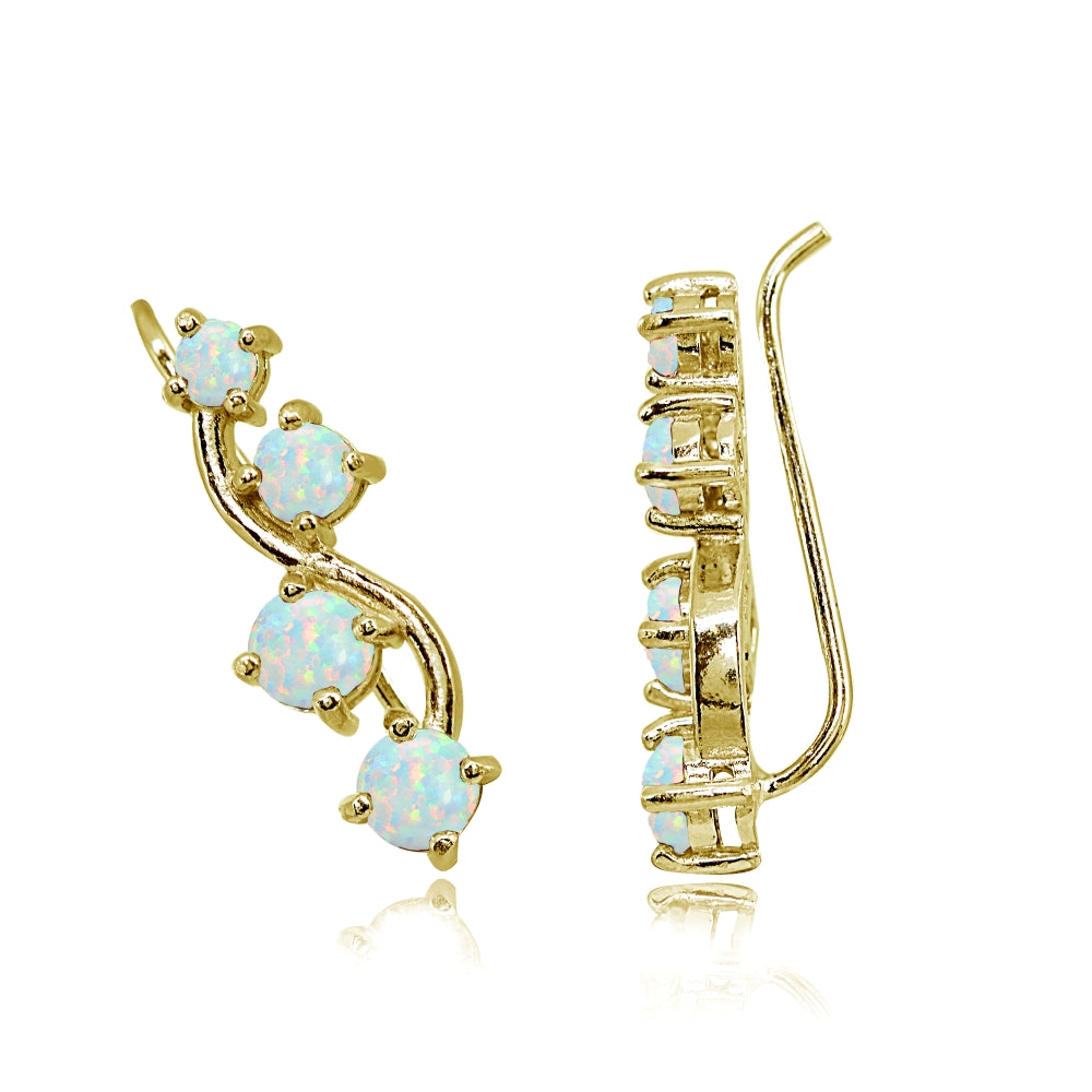 Gold Flash Sterling Silver Created White Opal Vine Climber Crawler Earrings-2