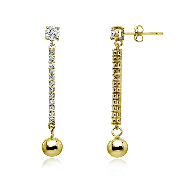 Yellow Gold Flashed Sterling Silver Cubic Zirconia Round Long Dangling Bar Bead Drop Stud Earrings