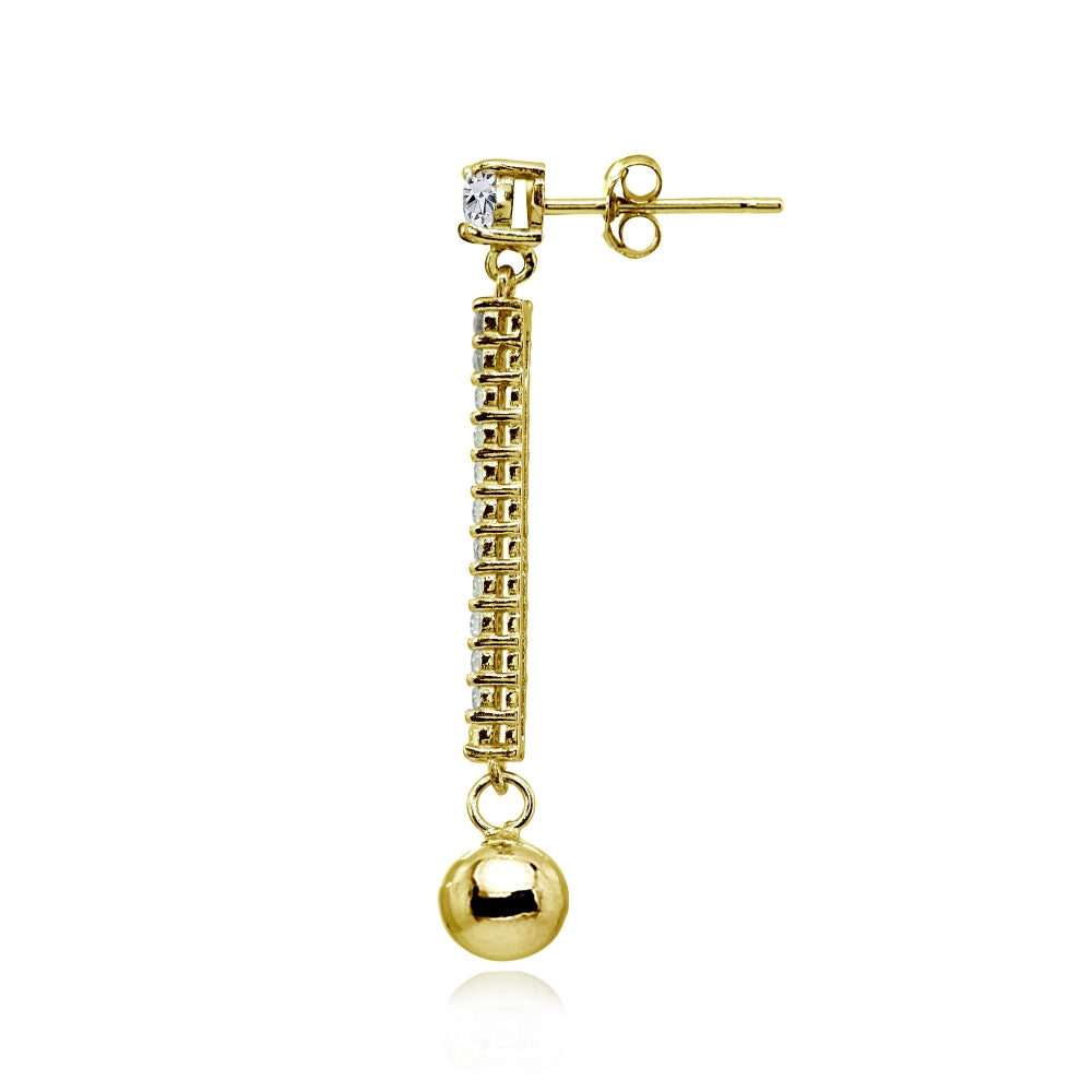 Yellow Gold Flashed Sterling Silver Cubic Zirconia Round Long Dangling Bar Bead Drop Stud Earrings-2