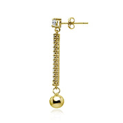 Yellow Gold Flashed Sterling Silver Cubic Zirconia Round Long Dangling Bar Bead Drop Stud Earrings