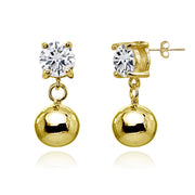 Yellow Gold Flashed Sterling Silver Cubic Zirconia 4mm Dangling Round Bead Stud Earrings