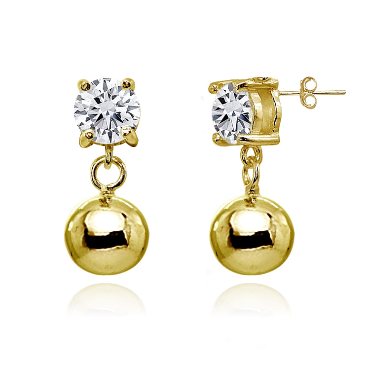 Yellow Gold Flashed Sterling Silver Cubic Zirconia 4mm Dangling Round Bead Stud Earrings