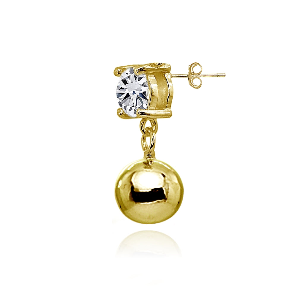 Yellow Gold Flashed Sterling Silver Cubic Zirconia 4mm Dangling Round Bead Stud Earrings-2
