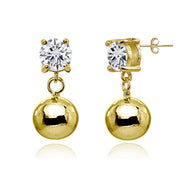 Yellow Gold Flashed Sterling Silver Cubic Zirconia 5mm Dangling Round Bead Stud Earrings