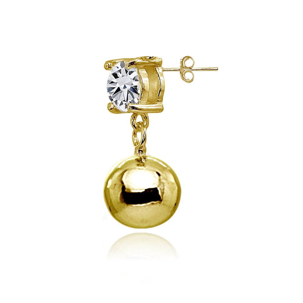 Yellow Gold Flashed Sterling Silver Cubic Zirconia 5mm Dangling Round Bead Stud Earrings-2