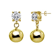 Yellow Gold Flashed Sterling Silver Cubic Zirconia 6mm Dangling Round Bead Stud Earrings