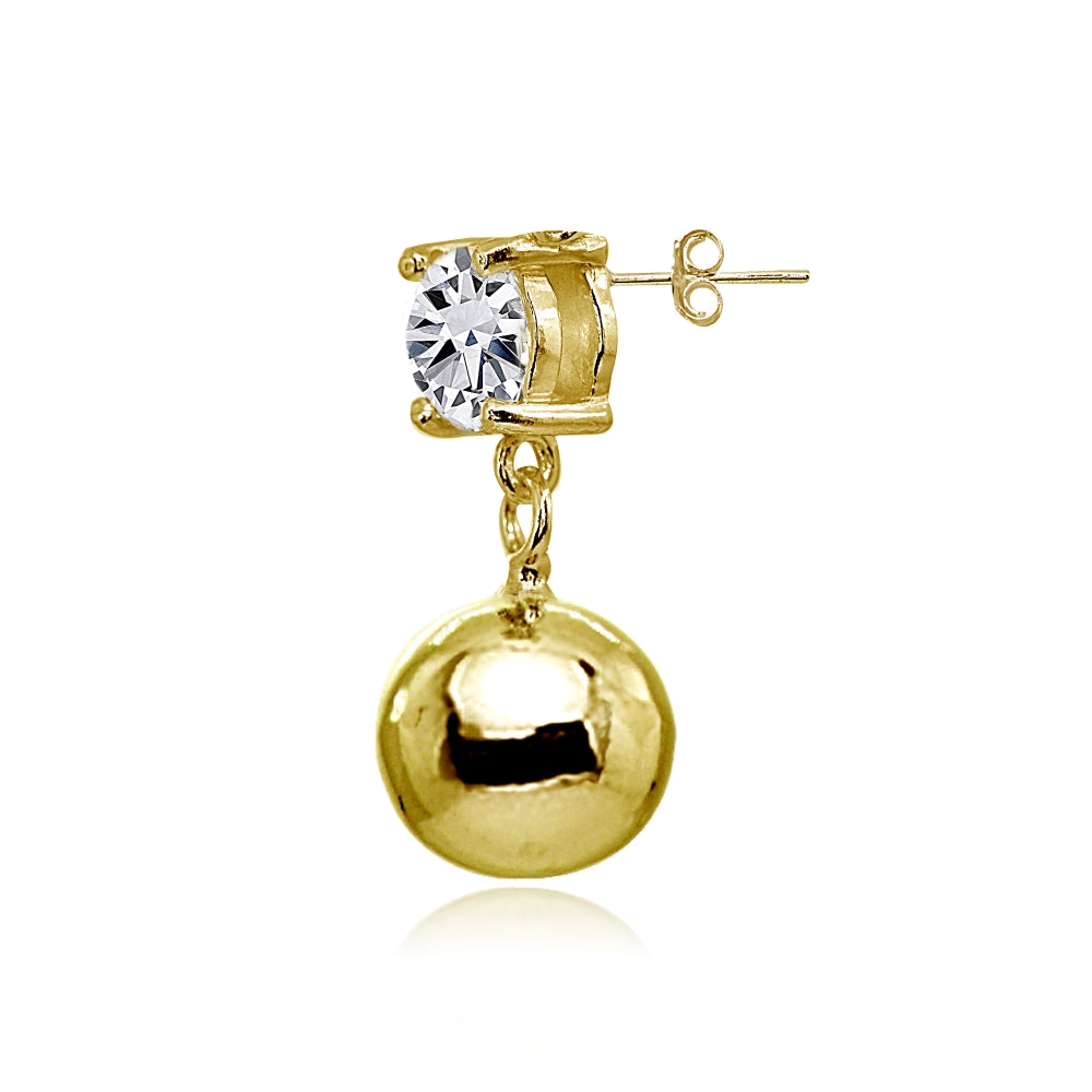 Yellow Gold Flashed Sterling Silver Cubic Zirconia 6mm Dangling Round Bead Stud Earrings-2