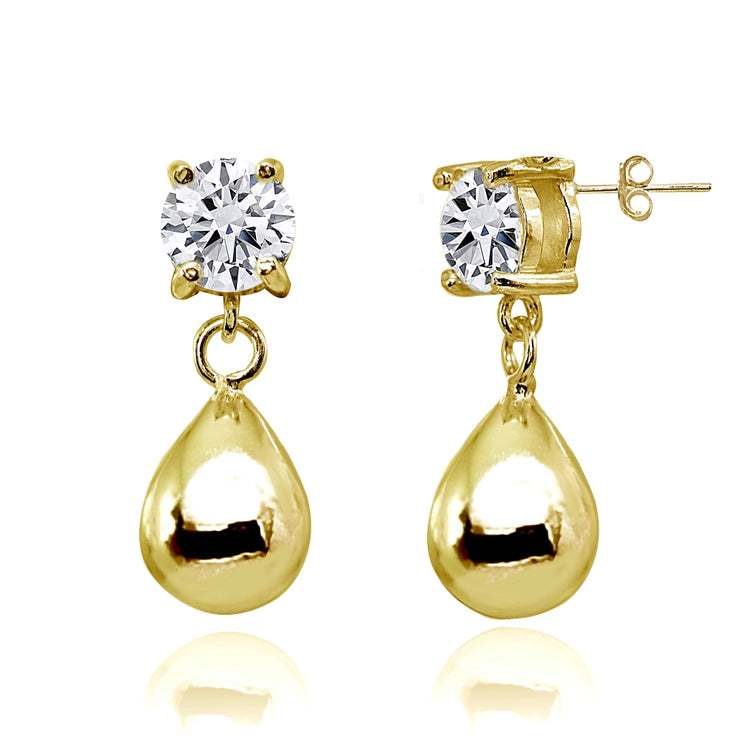 Yellow Gold Flashed Sterling Silver Cubic Zirconia 6mm Dangling Pear-Shape Bead Stud Earrings